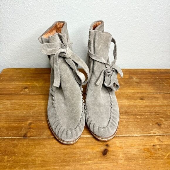 Anthropologie Matiko taupe suede leather tie wedge boots size 38 - Picture 5 of 11